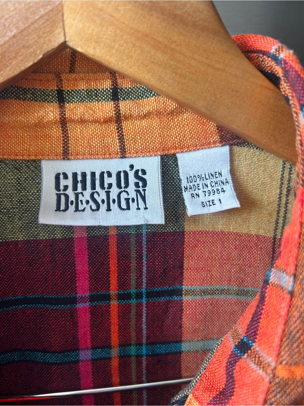Vintage Chico’s Design 100% Linen Plaid Button Front Shirt Size 1 (M/L) - Picture 5 of 5